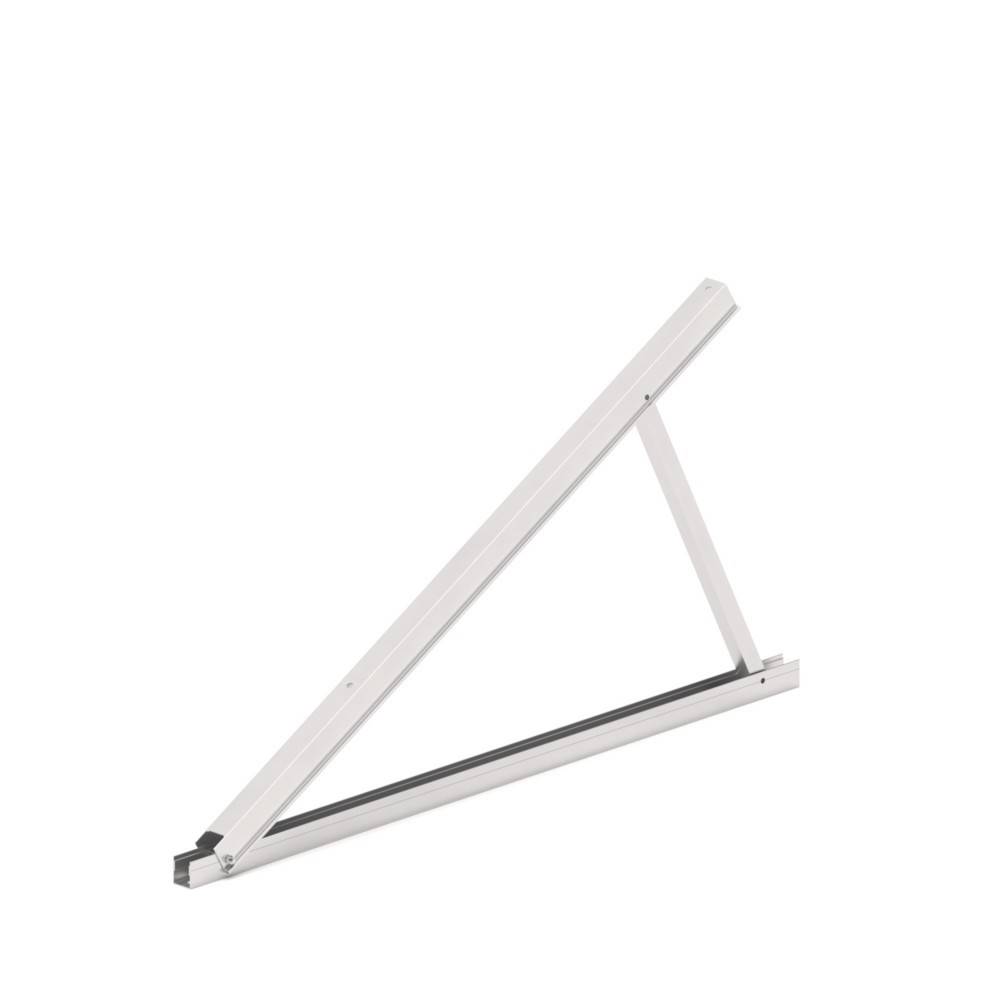 Eine weiße Metallhalterung in Dreiecksform, die zum Abstützen von Regalen oder Arbeitsflächen an einer Wand verwendet wird.