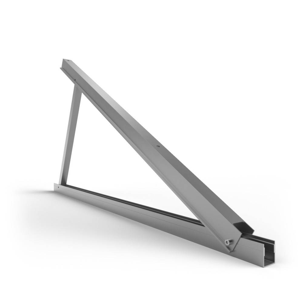 Eine graue Metalldreieckhalterung, die ihr Profil und ihre Winkel zeigt, auf einem einfarbigen weißen Hintergrund.