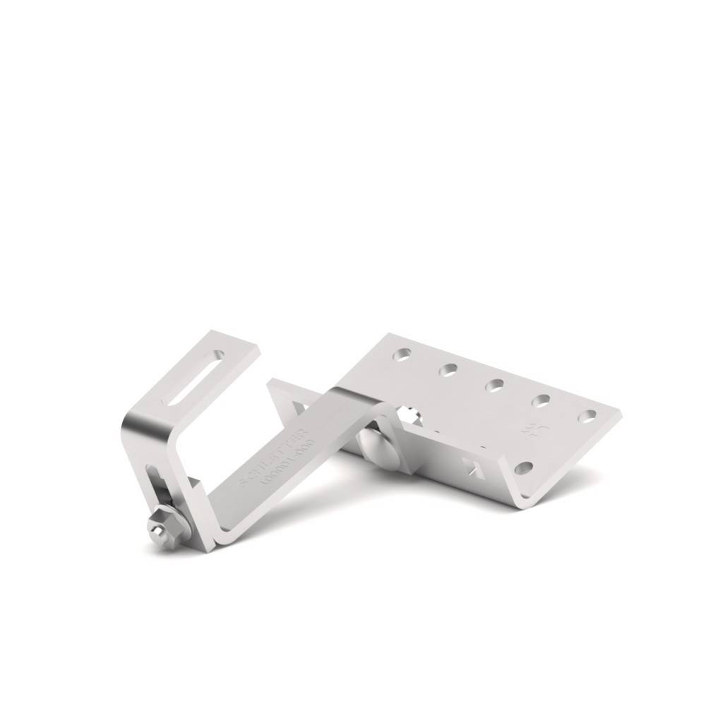 Eine metallische L-förmige Halterung mit mehreren Löchern und Schrauben zur Befestigung, wahrscheinlich verwendet zum Sichern von mechanischen Komponenten oder Stützstrukturen.