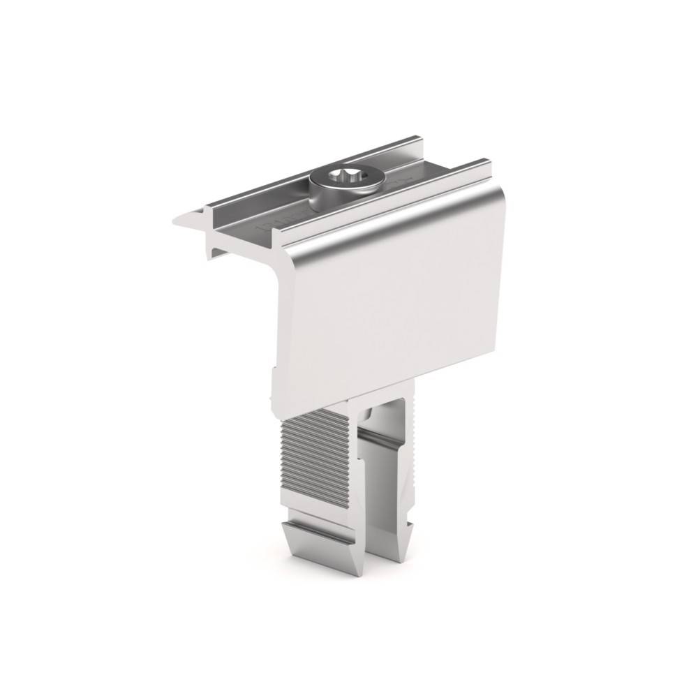 Metallverbinder mit rechteckiger Grundfläche und vorstehendem Arm, versehen mit Rillen und einem Bolzen, der zum Verbinden von Objekten in Konstruktionen verwendet wird.