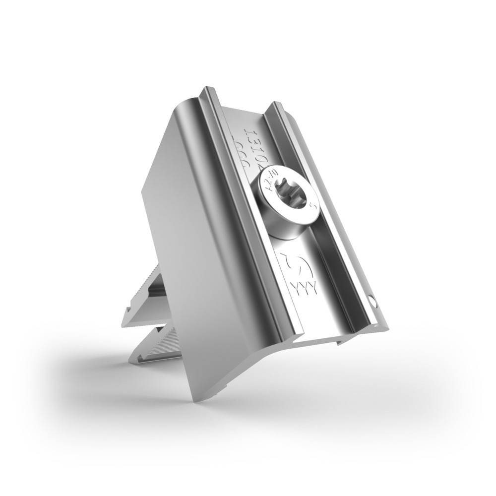Silber-Metallhalterung mit einer zentralen Schraube, konzipiert zum Anbringen oder Befestigen von Objekten, mit einer stromlinienförmigen und kantige Form.
