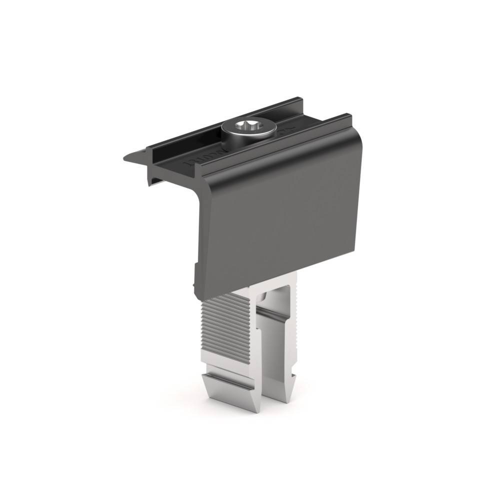 Metallischer rechteckiger Halter mit einer Schraube oben und komplexen Rillen am unteren Ende. Scheint eine technische Hardwarekomponente oder ein Verbindungselement zu sein.