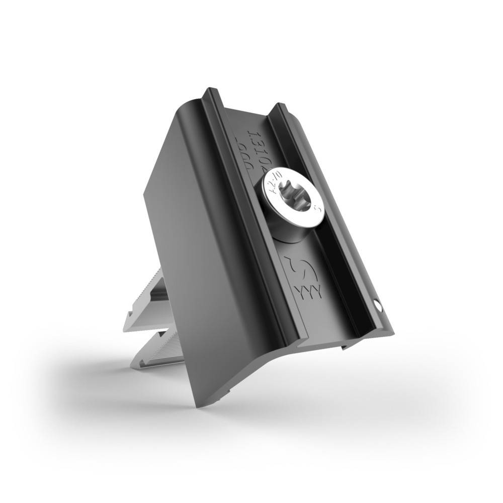 Ein schwarzer Metallwinkel mit T-Nut und zentraler Schraube, entwickelt zum Befestigen von Komponenten an Aluminiumprofilen in modularen Konstruktionssystemen.