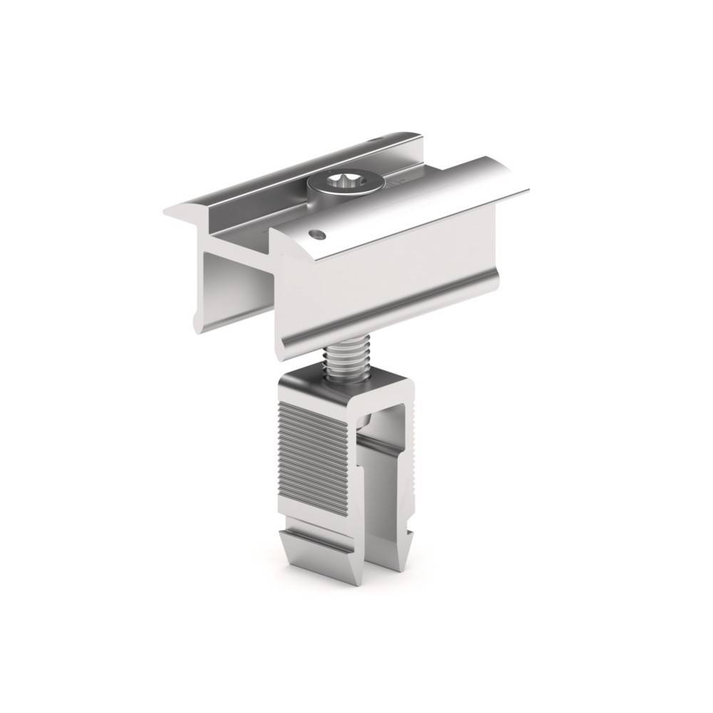 Eine silberne Metallklemme mit einem Gewindestift und einer Nut, konzipiert zum Sichern oder Befestigen von Objekten, wahrscheinlich für industrielle oder mechanische Anwendungen.