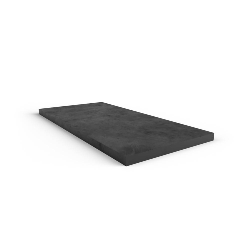 Eine flache, rechteckige, schwarze Platte mit strukturierter Oberfläche, die vor einem weißen Hintergrund zu schweben scheint.