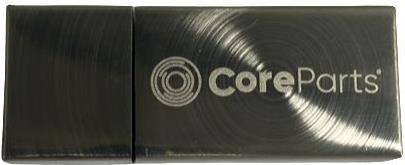 Eine Nahaufnahme eines schwarzen Objekts, das auf der linken Seite ein kreisförmiges Logo mit konzentrischen Kreisen anzeigt, und das Wort „Core