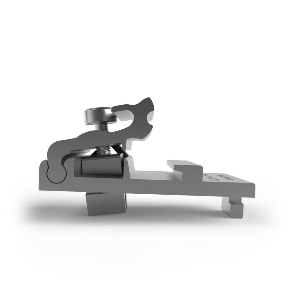 Eine Nahaufnahme von der Seite eines Metallklemmenmechanismus mit einem Bolzen und einer Hebel, der für das Befestigen oder Justieren einer anderen Komponente konzipiert ist.