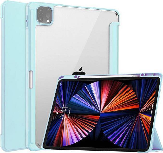 Ein farbenfroher, im Graffiti-Stil gestalteter iPad-Schutz mit lebendigen Designs bedeckt ein iPad, auf dessen Bildschirm ein lebhaftes, abstraktes, radiales Lichtmuster angezeigt wird.