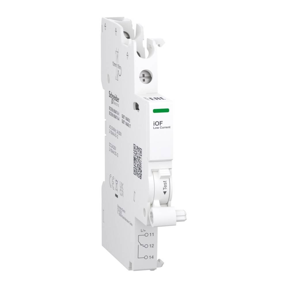 Ein weißes Schneider Electric iOF Niedrigstrom-Elektrozubehör. Es verfügt über einen Schalter und mehrere Anschlusspunkte an seiner Seite.