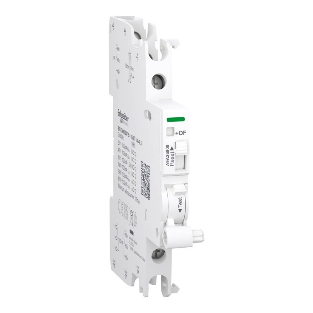 Schneider Electric RCBO'; ein kompakter Schutzschalter mit Prüftaste, entwickelt für den elektrischen Schutz. Inklusive eines manuellen Schalters für 'Ein'- und 'Aus'-Zustände.