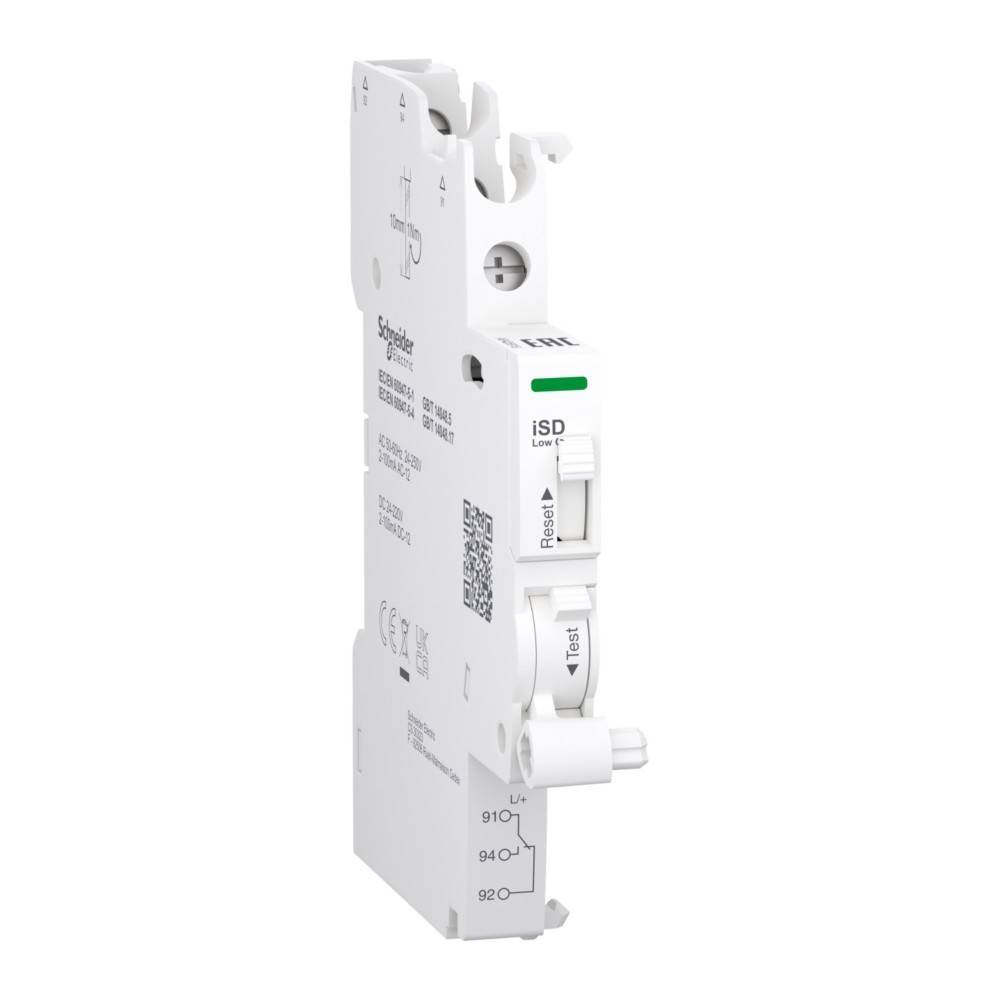 Ein weißer, rechteckiger elektrischer Sicherungsautomat mit einem Schalter, der mit 'iSD' beschriftet ist. Das Gerät weist Markierung und einen QR-Code auf seiner Oberfläche auf.