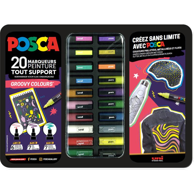 POSCA Farb-Markerset mit 20 Markern in verschiedenen Farben, dargestellt zwischen zwei farbenfrohen Werbetafeln in französischer Sprache.