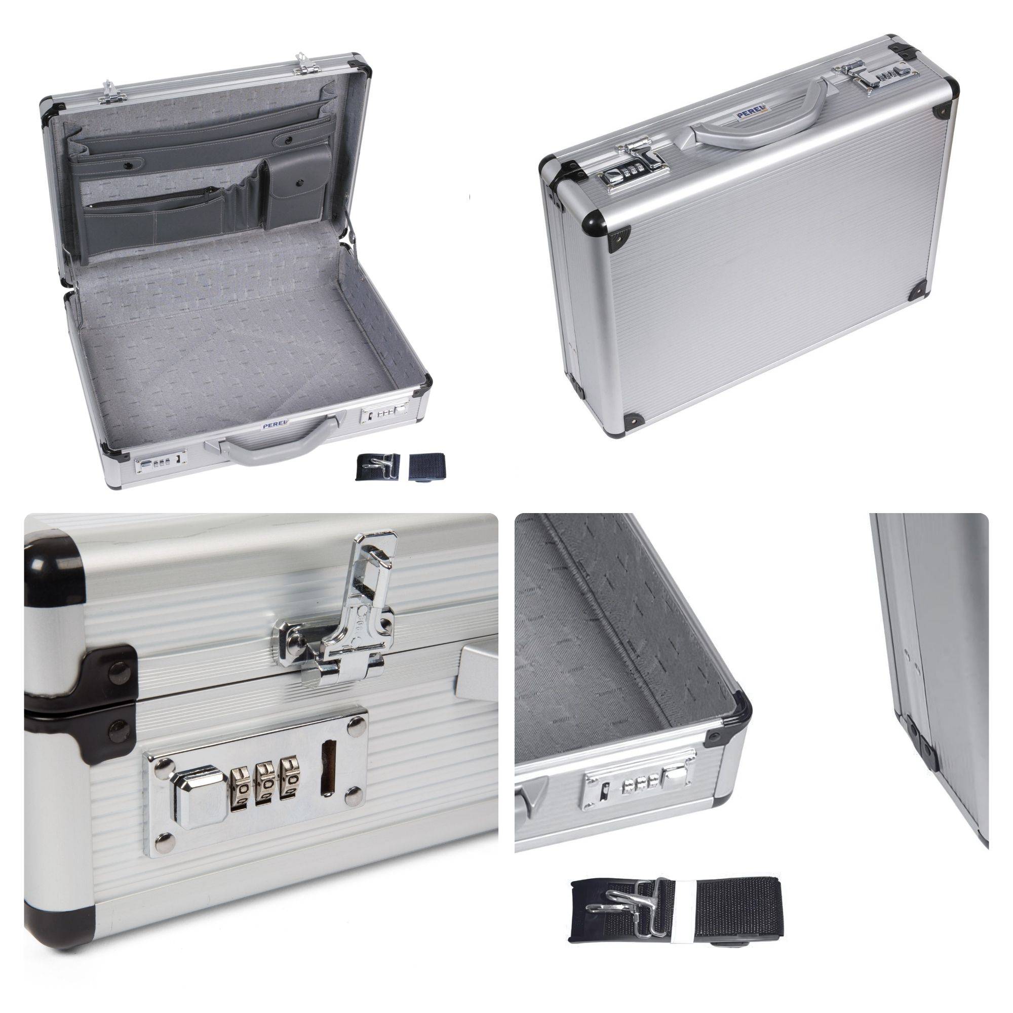 Perel Attachékoffer, 2 Zahlenschlösser, Tragegurt, Aluminium, Grau, 425 x 305 x 125 mm