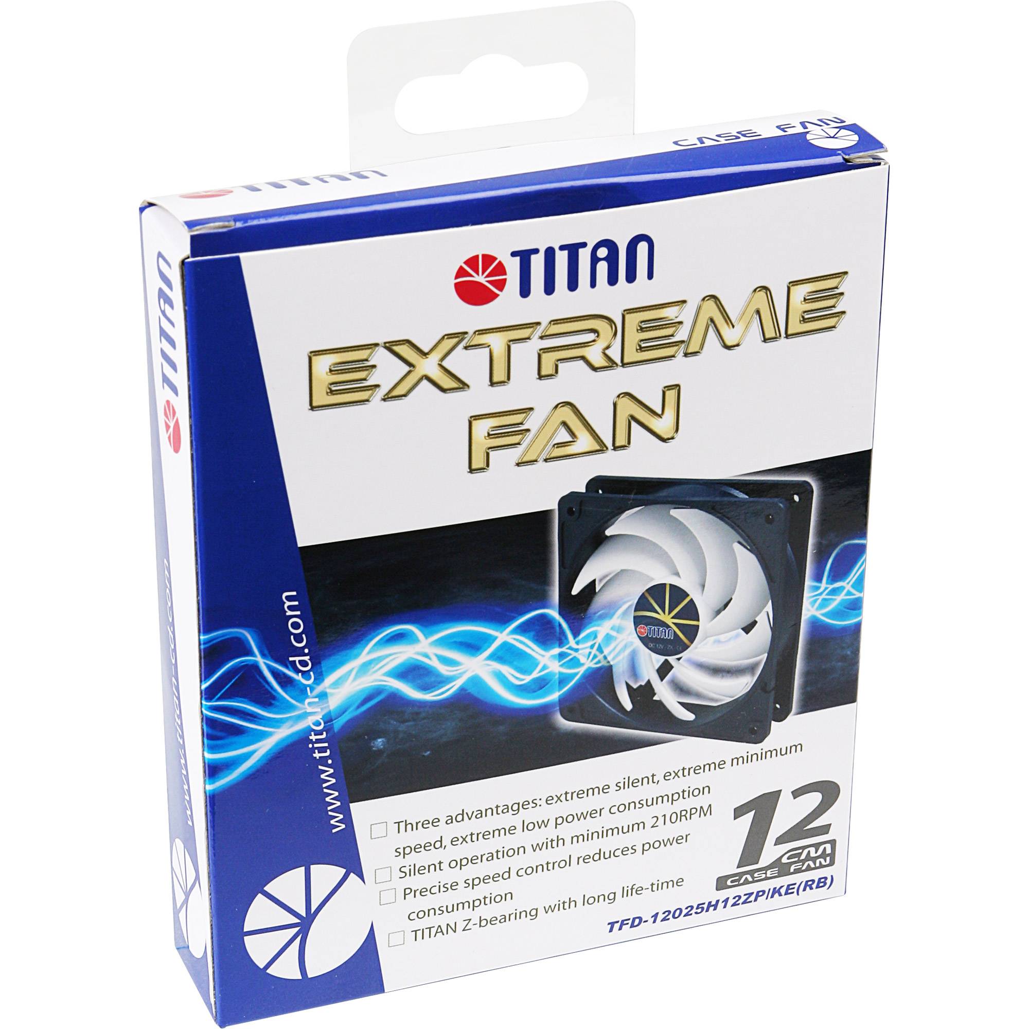 Einzelhandelsverpackung für einen TITAN Extreme Fan Gehäuselüfter mit Abbildung des Lüfters, Größenangabe 