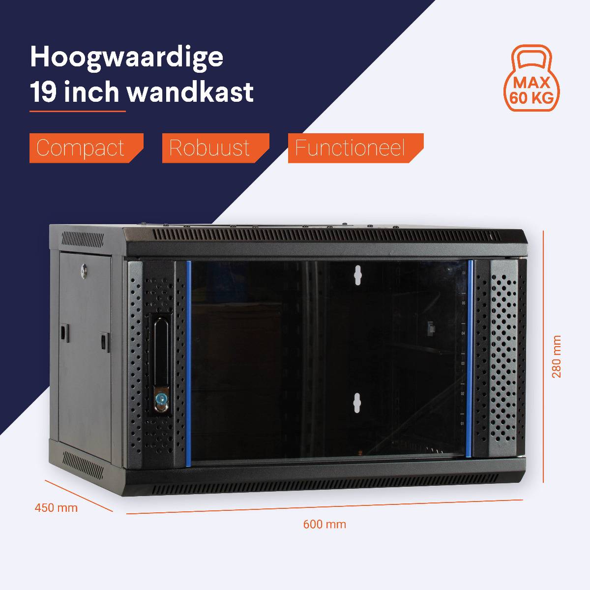 DSIT Danicom - 4 HE Serverschrank, Wandgehäuse, mit Glastür (BxTxH) 600 x 450 x 280mm