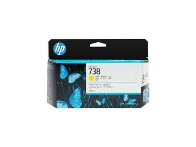 HP Designjet 738 Tintenpatrone in Gelb mit Verpackung, die blaue Schmetterlinge auf schwarzem Hintergrund zeigt. Geeignet für HP Designjet-Drucker.