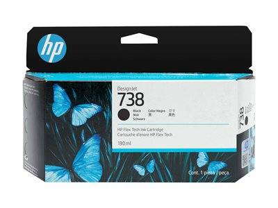 HP Tintenpatrone für DesignJet 738, mit grafischem blauem Schmetterling. Enthält 130 ml schwarze Tinte, gekennzeichnet als 'HP Flex Tech'.