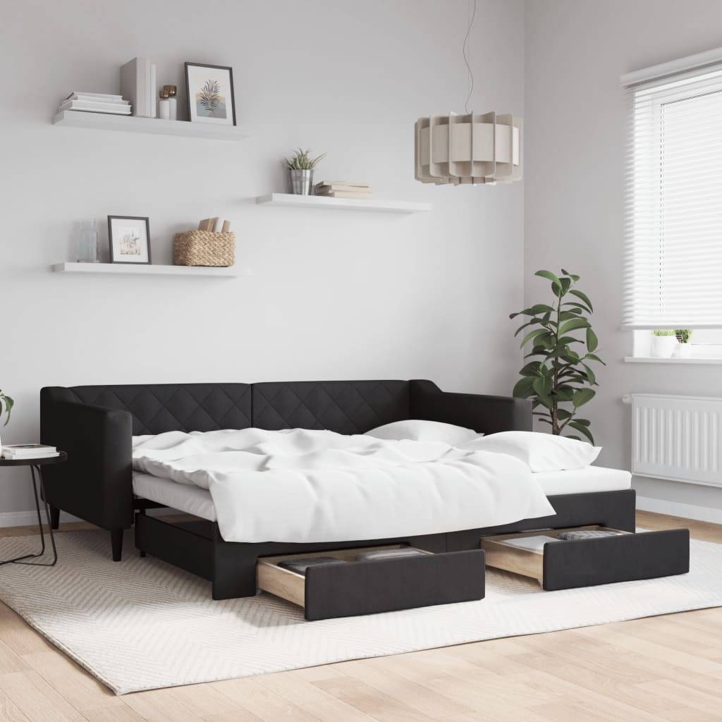 vidaXL Tagesbett Ausziehbar mit Schubladen Schwarz 90x190 cm Stoff