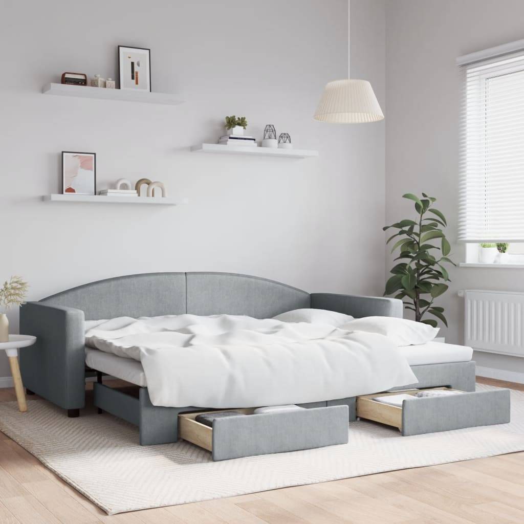 vidaXL Tagesbett Ausziehbar mit Schubladen Hellgrau 90x200 cm Stoff