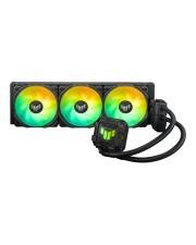 Flüssigkeits-CPU-Kühler mit drei Lüftern, RGB-beleuchteten Lüftern, Radiator und angebautem Pumpenblock auf weißem Hintergrund.