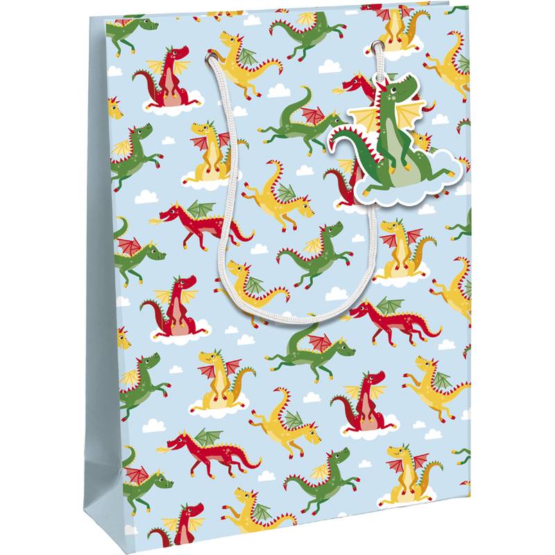 Hellblau Geschenktüte mit weißen Seilgriffen, bedeckt mit bunten Cartoon-Drachen und Wolken.