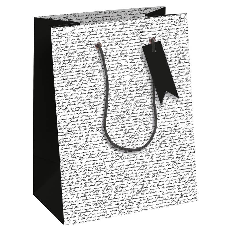 Dekorative Einkaufstasche mit schwarzen Seiten und weißem handgeschriebenem Schriftmuster, gezeigt vor einfachem Hintergrund.