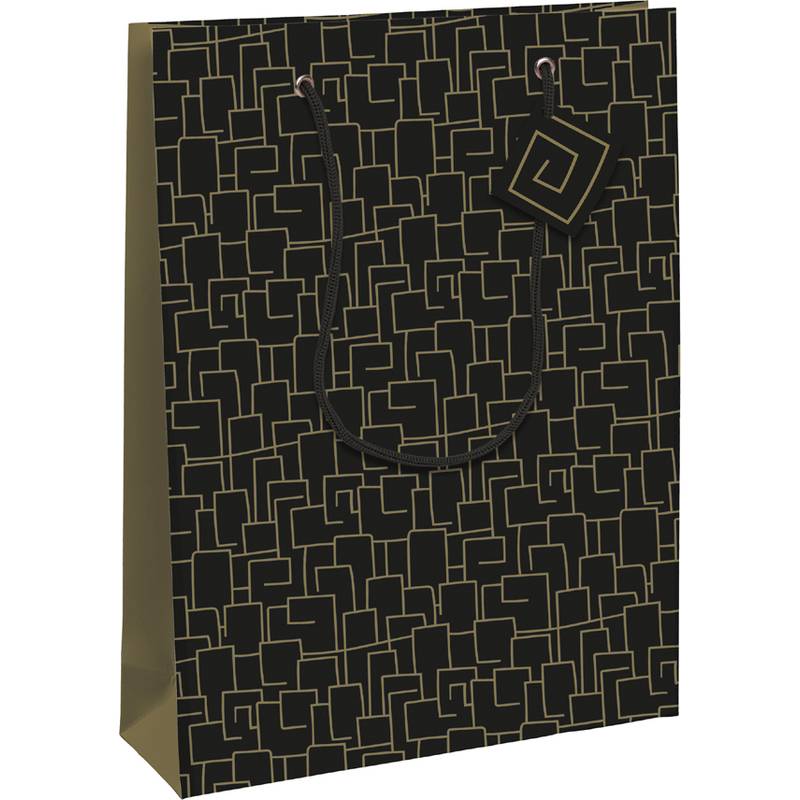 Schwarze Geschenktasche mit goldenem geometrischem Linienmuster und schwarzen Kordelhenkeln, in Schrägansicht dargestellt.