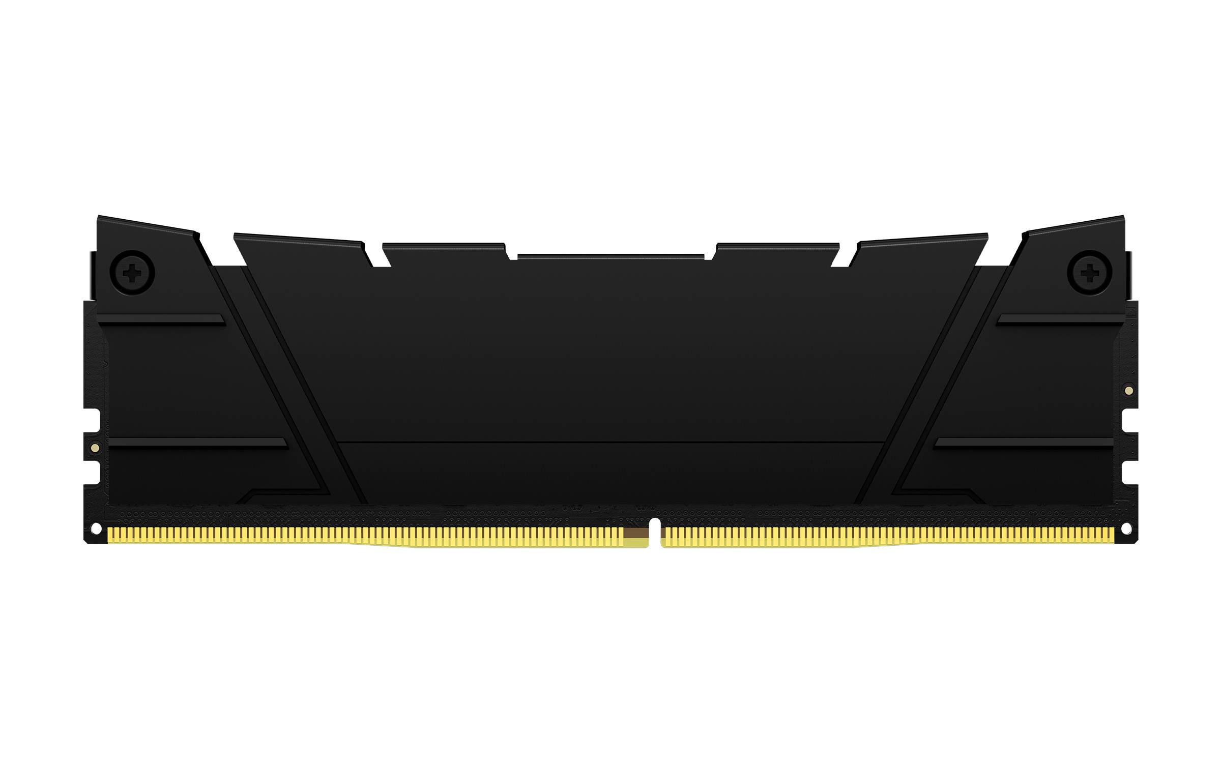 Schwarzes Computerarbeitsspeichermodul von vorne gegen weißem Hintergrund gezeigt.