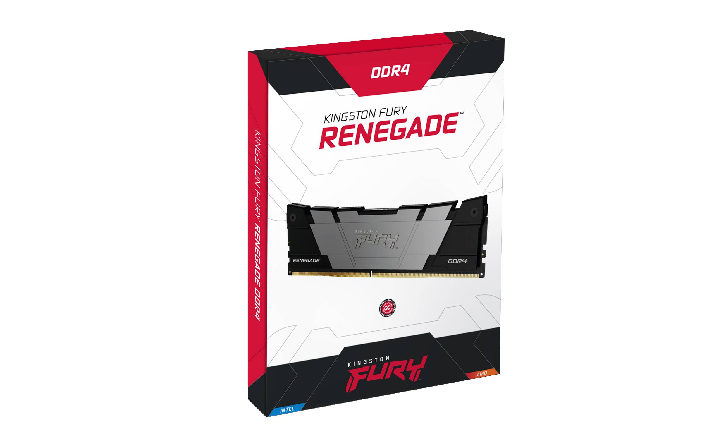 Kingston FURY Renegade DDR4-Speichermodul Einzelhandelskarton in weiß-rot-schwarzer Verpackung.