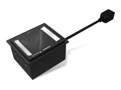 Ein schwarzer optischer Scanner mit einer rechteckigen Glasoberfläche und angeschlossenem Kabel, der zum Lesen von Barcodes oder ähnlichen Daten verwendet wird.