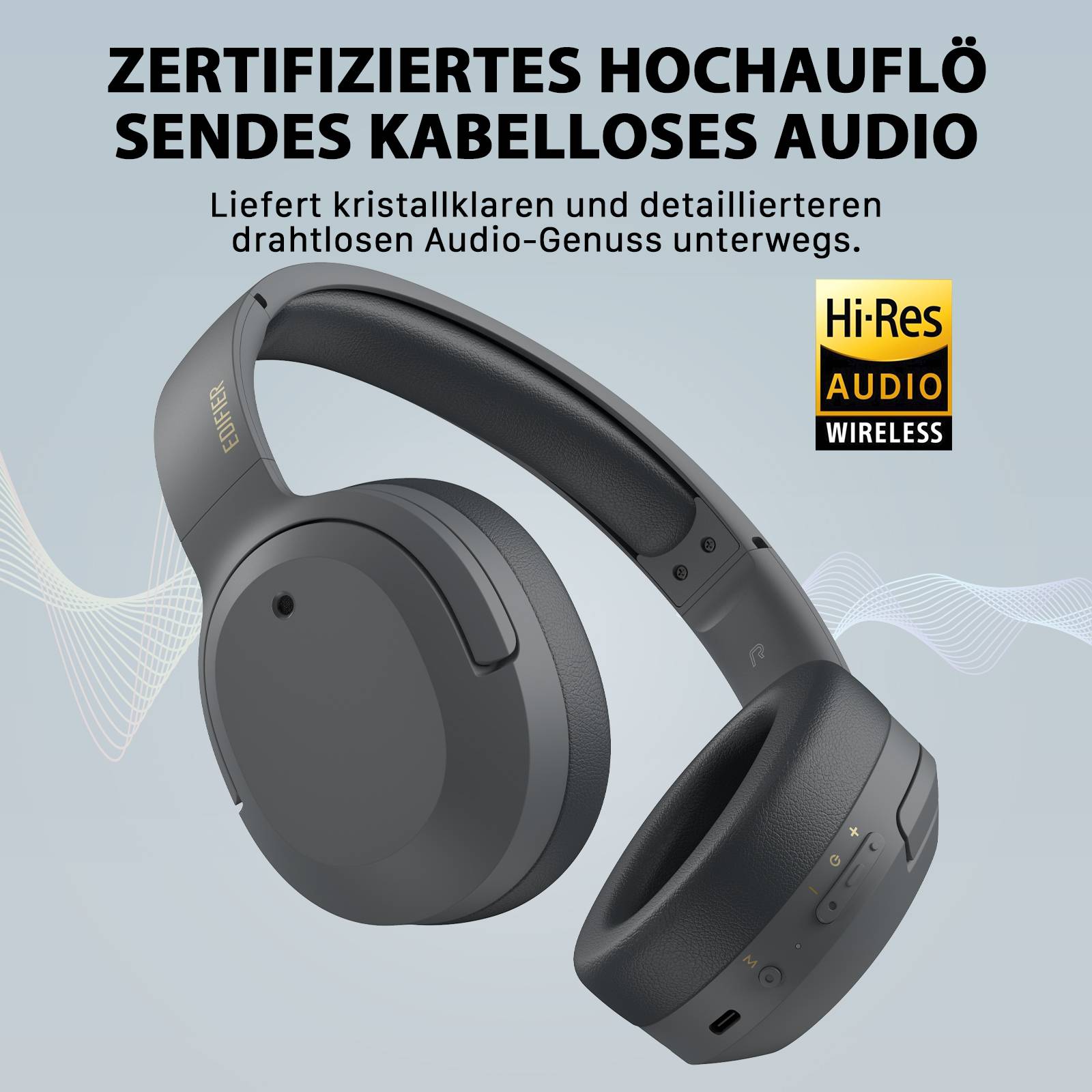 Edifier W820NB Plus Bluetooth Kabellose Over-Ear Kopfhörer mit aktiver Geräuschunterdrückung, Hi-Res Stilvolle headset für Anruf/Musik/Spiel, Grau