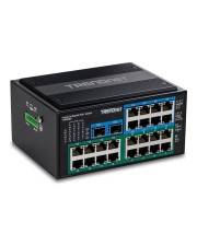 Schwarzer TRENDnet Ethernet-Netzwerk-Switch mit mehreren RJ45-Anschlüssen und zwei blauen Uplink-Ports auf weißem Hintergrund gezeigt.