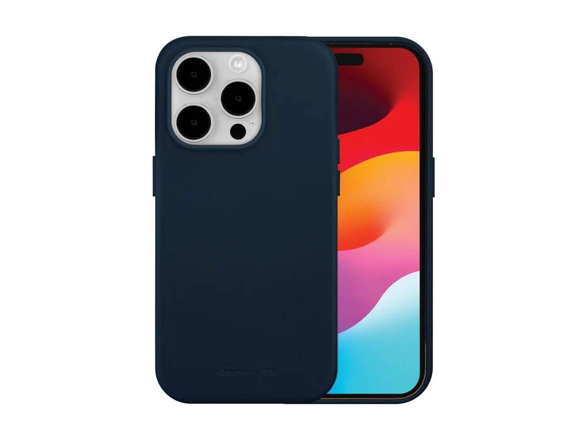 Ein Smartphone mit einer dunkelblauen Hülle zeigt einen lebendigen, bunten Hintergrund auf seinem Bildschirm.