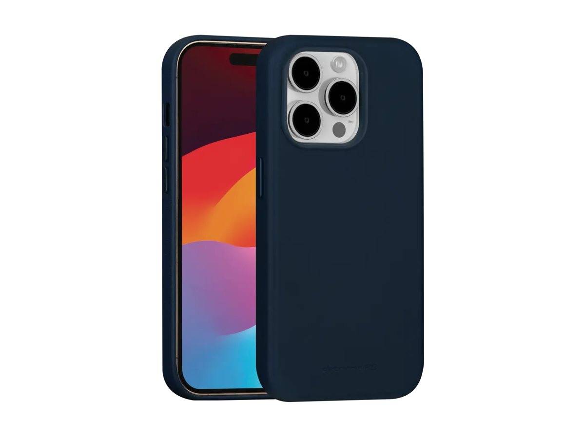 Ein Smartphone mit einem leuchtenden Bildschirm ist teilweise von einem dunkelblauen Schutzgehäuse verdeckt, das präzise Aussparungen für die Kamera und Tasten aufweist.