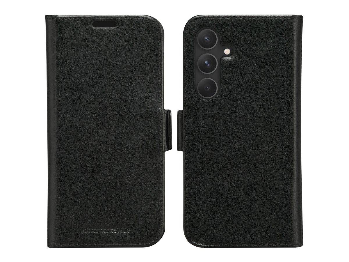 Schwarze Ledertelefonhülle mit zwei Teilen: einer zeigt die Rückseite mit Kameraausschnitt, der andere zeigt die Vorderseite, teilweise geöffnet.