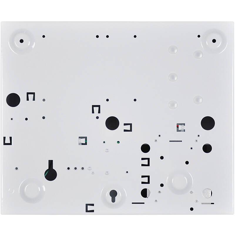 Abstrakter weißer Hintergrund mit verstreuten schwarzen Kreisen, Punkten und kleinen geometrischen Markierungen, ähnlich wie ein minimalistisches Diagramm oder Kunstdruck.