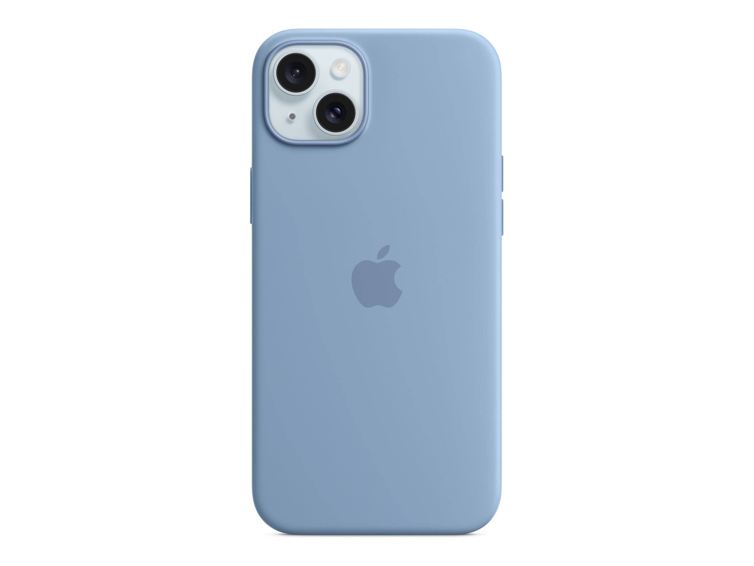 Hellblaue iPhone-Hülle, von hinten gezeigt, mit doppeltem Kamera-Ausschnitt und zentriertem Apple-Logo.