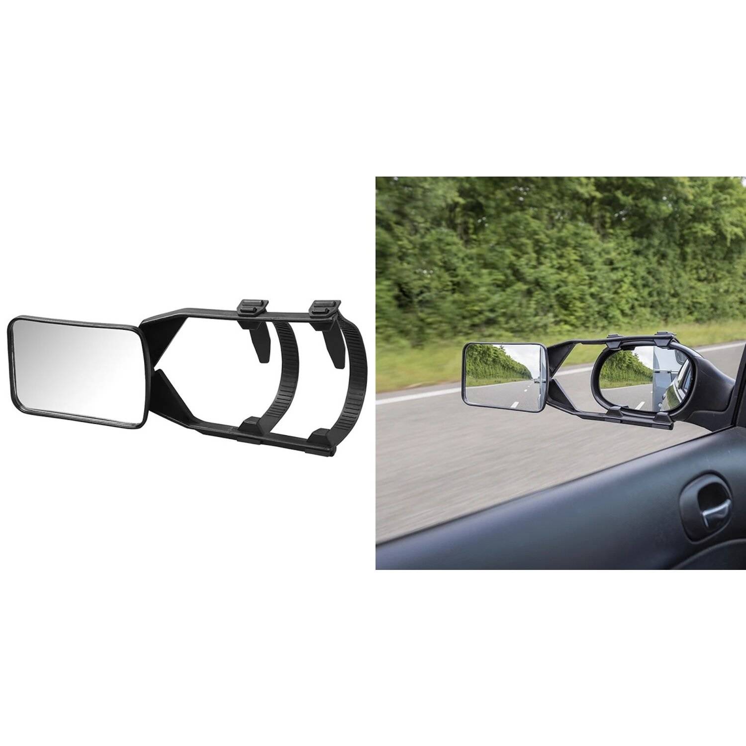 Ein aufsteckbarer Abschlepppspiegel, der einen erweiterten Blick auf die Straße neben einem Auto zeigt. Der Spiegel ist am Seitenspiegel des Autos befestigt.