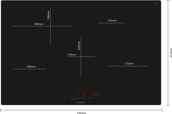 Diagramm eines Siemens-Kochfeldes mit Brennerzonen verschiedener Größen und Anordnung, mit beschrifteten Abmessungen von 280mm, 180mm, 145mm, 140mm und 210mm auf einem 792mm x 512mm großen Bedienfeld.