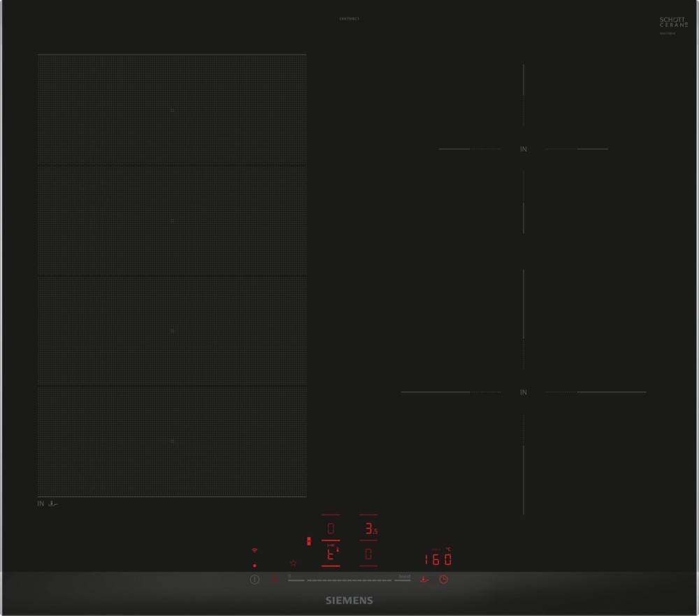 Eine schwarze Siemens Induktionskochplatte mit Touchsteuerung und vier Kochzonen, ausgestattet mit einem eleganten, modernen Design für effizientes Kochen.