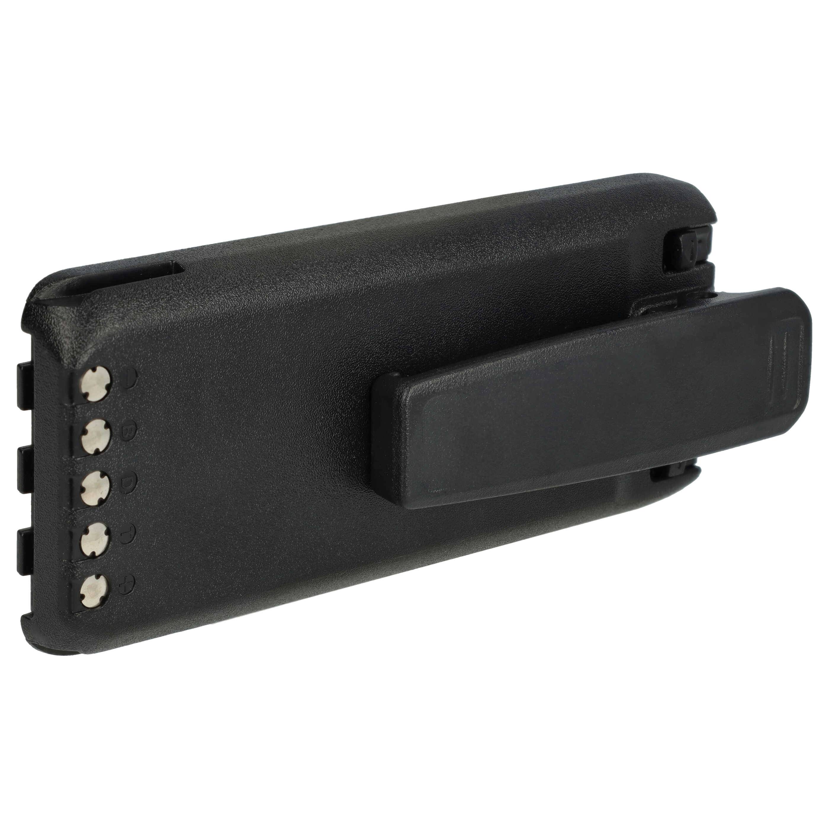 Ein schwarzes Kunststoffgerät mit fünf beigen Knöpfen auf der Seite und einer großen Klammer auf der Rückseite, wahrscheinlich zum Befestigen oder Tragen verwendet.