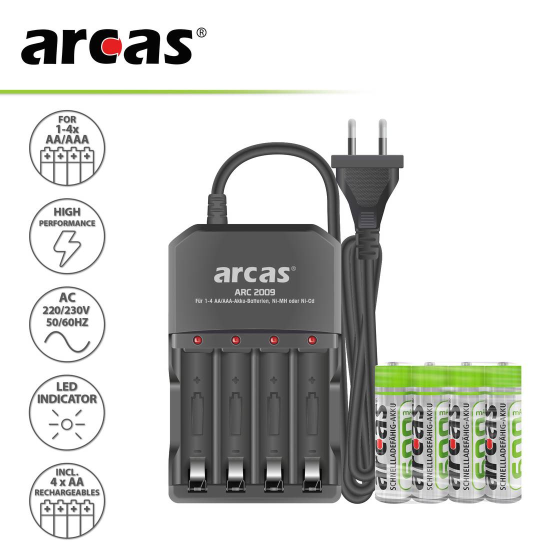 ARCAS 4-Kanal-Ladegerät ARC-2009 ( inkl. 4 x Ni-MH Akku Mignon AA 2700mAh)
