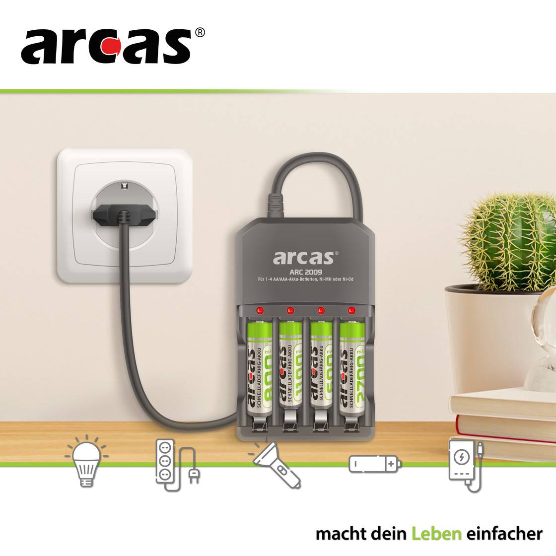 ARCAS 4-Kanal-Ladegerät ARC-2009 ( inkl. 4 x Ni-MH Akku Mignon AA 2700mAh)