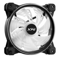 Schwarzer Computer-Kühlüfter mit weißen Blättern und XPG-Logo auf der zentralen Nabe.