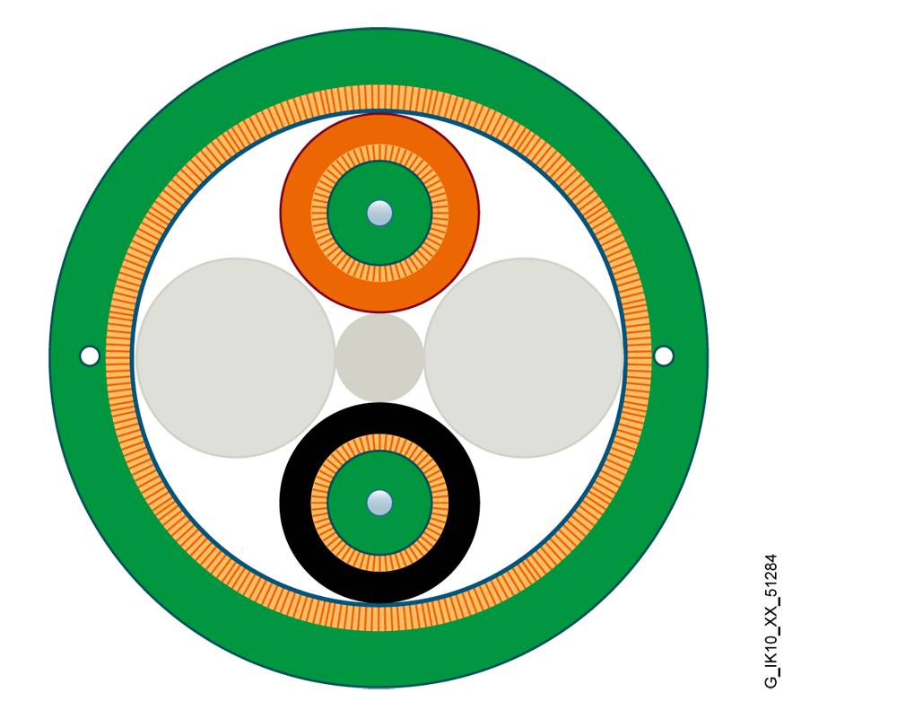 Querschnittsdiagramm eines Kabels mit mehreren orange-, schwarzen- und weißen Schichten und kreisförmigen Komponenten, das die innere Struktur zeigt.