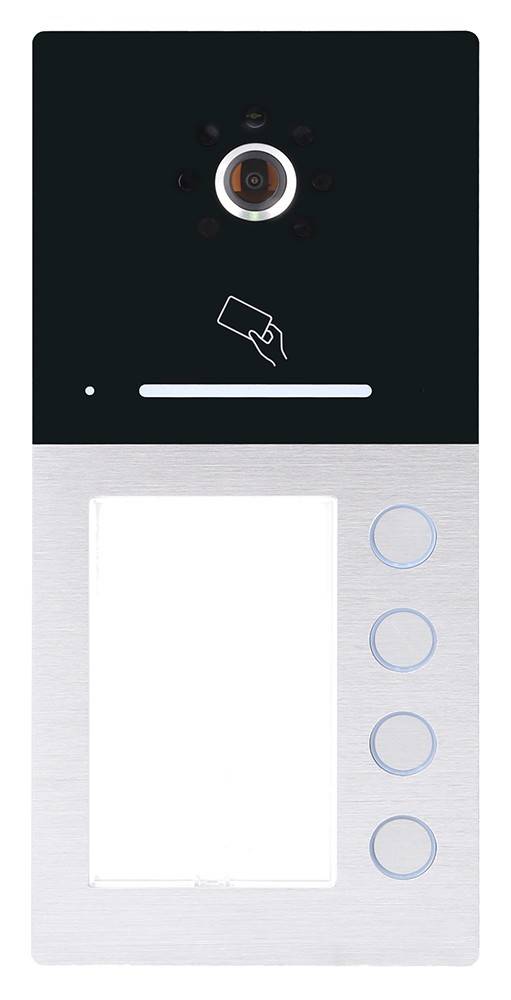 Ein digitales Zugangskontrollpanel mit einem Symbol einer Hand, die eine Karte über einen Schlitz hält, was anzeigt, wo man eine Karte durchziehen oder einführen kann, um Zugang zu erhalten. Auf der rechten Seite befinden sich drei kreisförmige Schaltflächen.