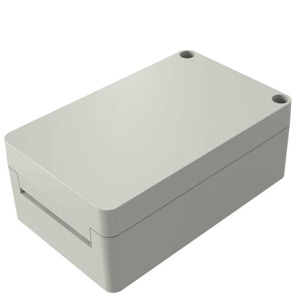 Ein grauer rechteckiger elektronischer Gehäuse mit glatter Oberfläche und zwei sichtbaren Befestigungslöchern in einer Ecke.