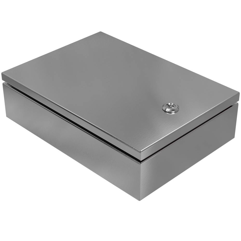 Eine geschlossene rechteckige Edelstahlbox mit einem Schlüsselloch auf der Oberseite vor einem schlichten weißen Hintergrund.