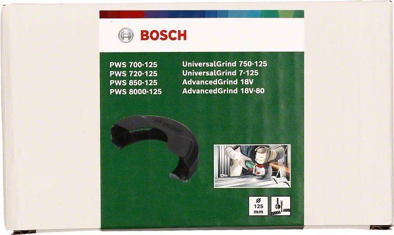 Verpackung von 'Bosch' mit Winkelschleifer-Modellnummern PWS 700-125, PWS 720-125, PWS 850-125, PWS 8000-125, UniversalGrind und AdvancedGrind.