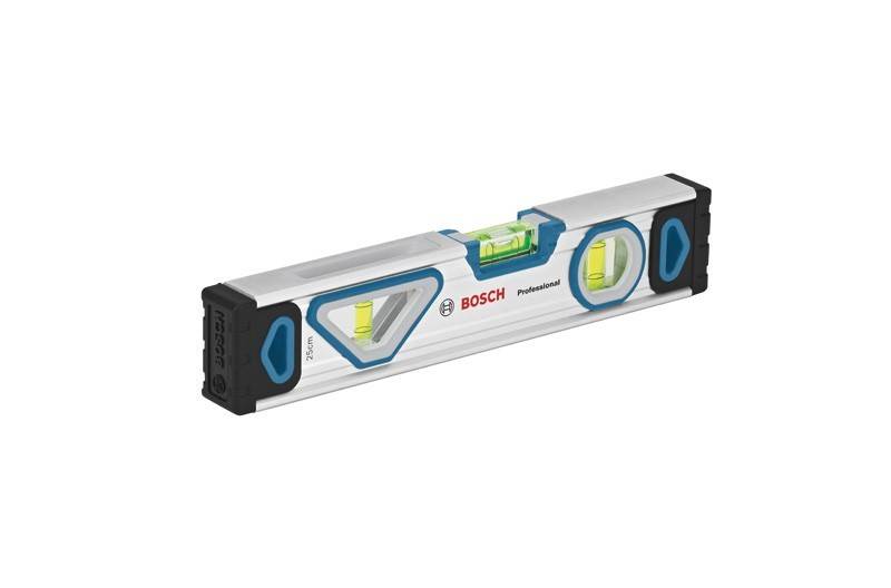 Ein Bosch Professional Wasserwaage mit drei Libellen zum Messen von horizontalen und vertikalen Ebenen, ausgestattet mit schwarzen und blauen Endkappen.